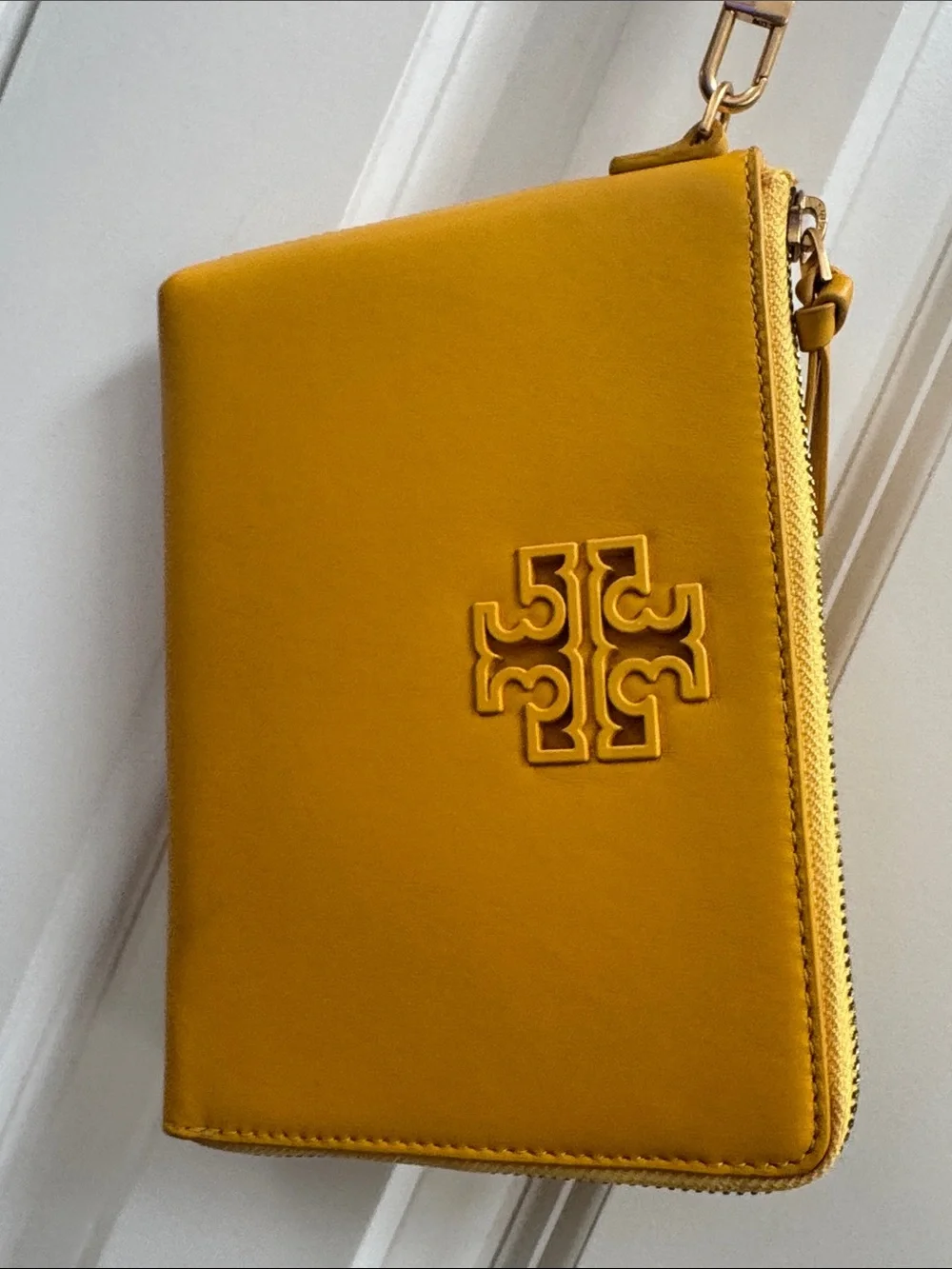 Tory Burch Mustard Yellow Leather Wristlet with Logo